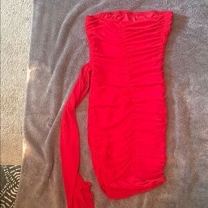 Red Ruched One-Shoulder Dress